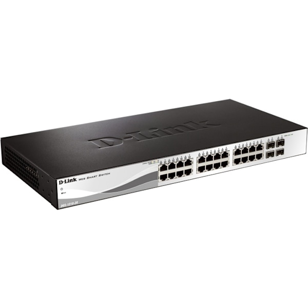 D-Link netværksswitch, Layer 2, 10/100/1000Mbps, 24xRJ45, 4xSFP, meta Sort