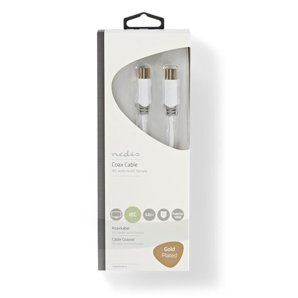 Nedis koaxialkabel | IEC (Koax) Hane | IEC (Koax) Hona | Guldplaterad | 100 dB | 75 Ohm | Dubbelskärmad | 5.00 m | Rund | PVC | Vit | Låda