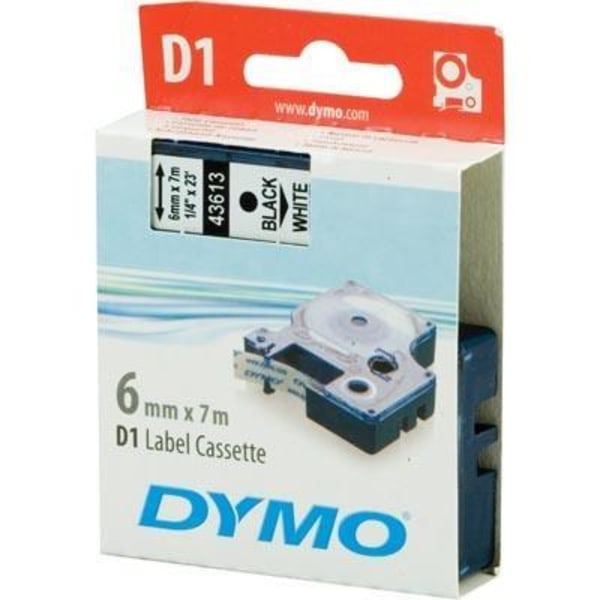 DYMO D1 merkkausteippi, 6mm, valkoinen/musta teksti, 7m