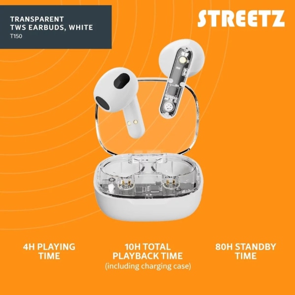 Streetz T150 TWS earphones, Transparent White Vit