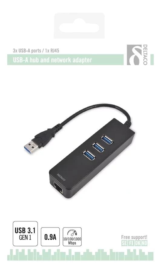 DELTACO, USB 3.0 netværksadapter, 1000Mbps,  1xRJ45, 3xUSB-A hun, sort