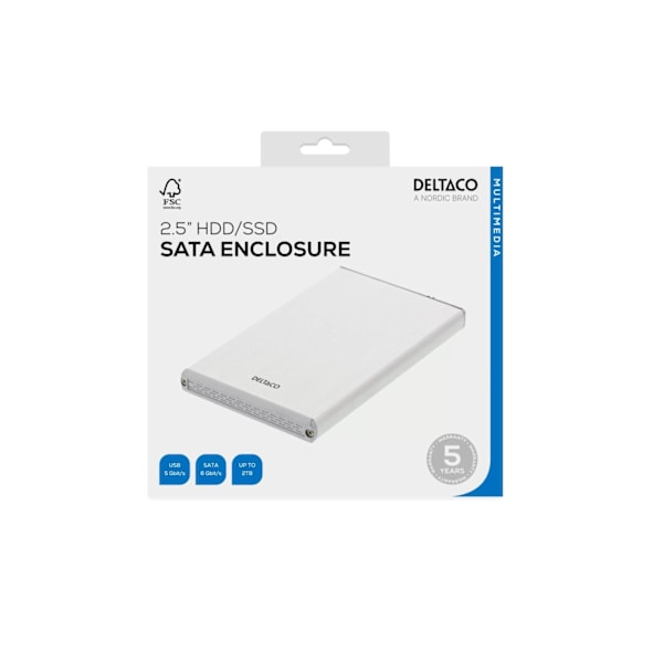 DELTACO ulkoinen kotelo 1x2,5" SATA 6Gb/s-kiintolevy, USB3, hopea
