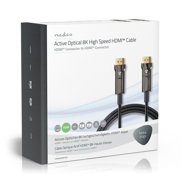 Nedis Aktiv Optisk Ultra High Speed ​​HDMI-Kabel med Ethernet | HDMI™ Stik | HDMI™ Stik | 8K@60Hz | 48 Gbps | 15.0 m | Runde | PVC | Sort | Gaveæske