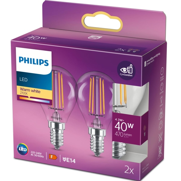 Philips 2-pack LED E14 Klot 4,3W (40W) Klar 470lm