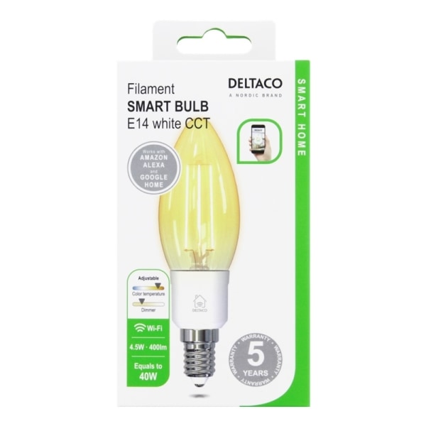 DELTACO SMART HOME LED glødepære, E14, Wi-Fi 2,4 GHz, 4,5 W, 400 lm