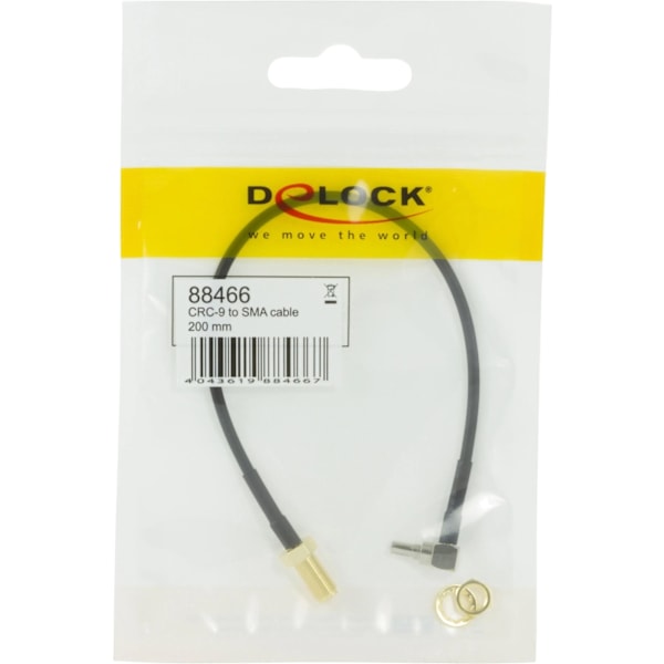 DeLOCK adapter, CRC-9 han vinklet 90° - ret SMA hun, 0,2m, sort