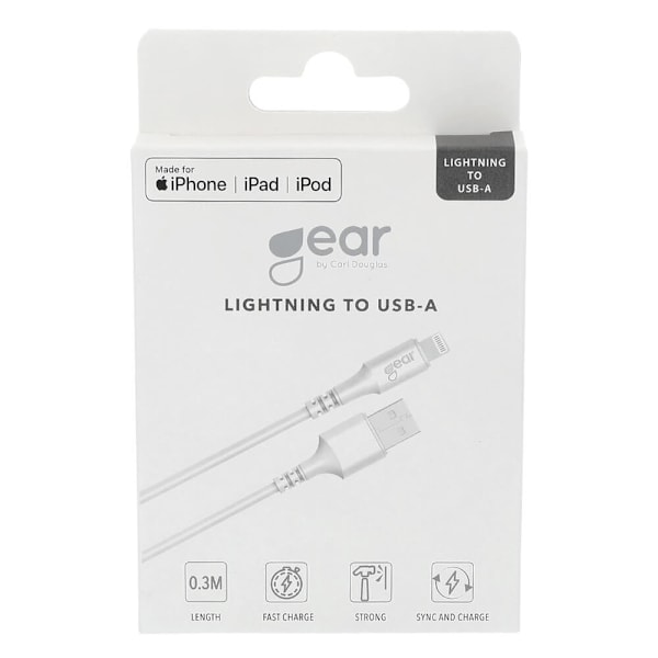 GEAR Rund laddningskabel Lightning till USB-A 0,3 m Vit MFI