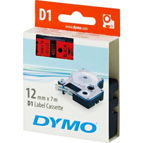 DYMO D1 märktejp standard 12mm, svart på rött, 7m rulle (45017)