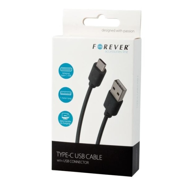 Forever USB-kabel, typ C, 1 meter, svart