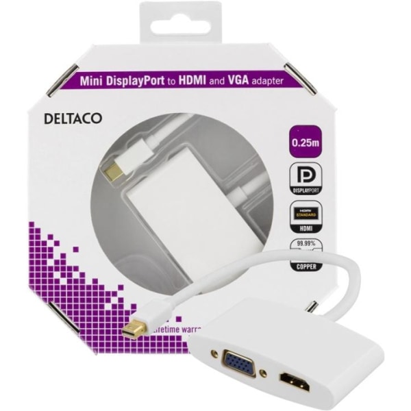 DELTACO mini DisplayPort till HDMI och VGA-adapter, 0,25m, vit (