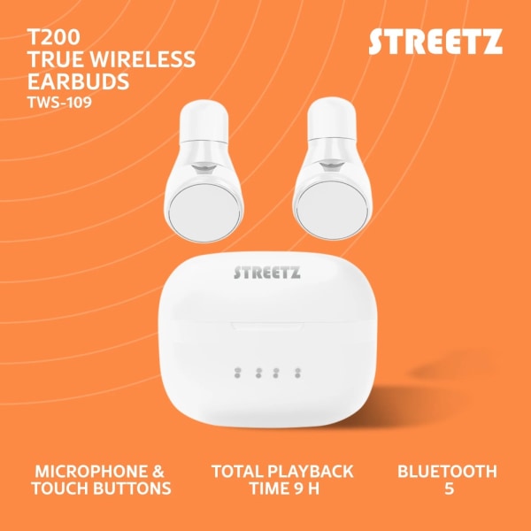 streetz True Wireless stay-in-ear, dual earbuds, charge case, wh Vit