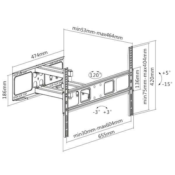 DELTACO näytön seinäteline, 37"-70", 40kg, 200x200-600x400