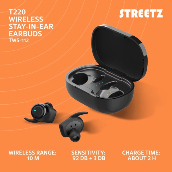 STREETZ Trådlösa stay-in-ear hörlurar med laddningsetui, svetttåliga, Svart