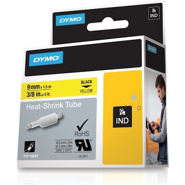 DYMO RhinoPRO mærkbar krympplast 9mm, sort på gul rulle, 1,5m