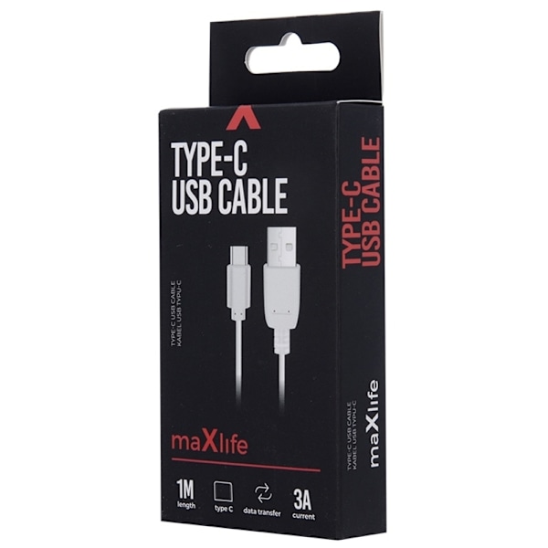 Maxlife USB-C laddkabel för snabbladdning (3A), 1m, vit
