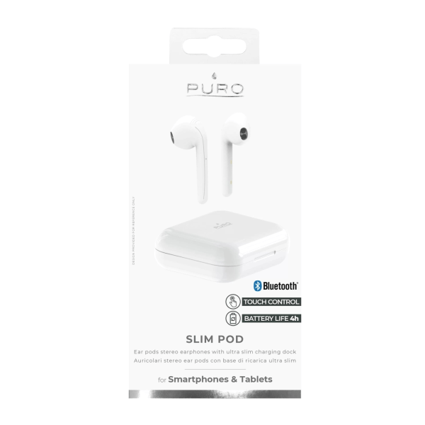 Puro Bluetooth Slim Pod -kuulokkeet latausasemalla, valkoinen Vit