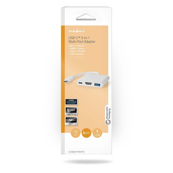 Nedis USB Multi-Port Adapter | 3-i-1 | USB 3.2 Gen 1 | USB-C™ Hane | HDMI™ Utgång / USB-A Hona / USB-C™ Hona | 5 Gbps | 0.10 m | Rund | Nickelplaterad