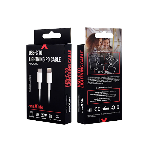 Maxlife MXUC-05 Power Direct USB-C till Lightningkabel 2,0 m 20W, Vit