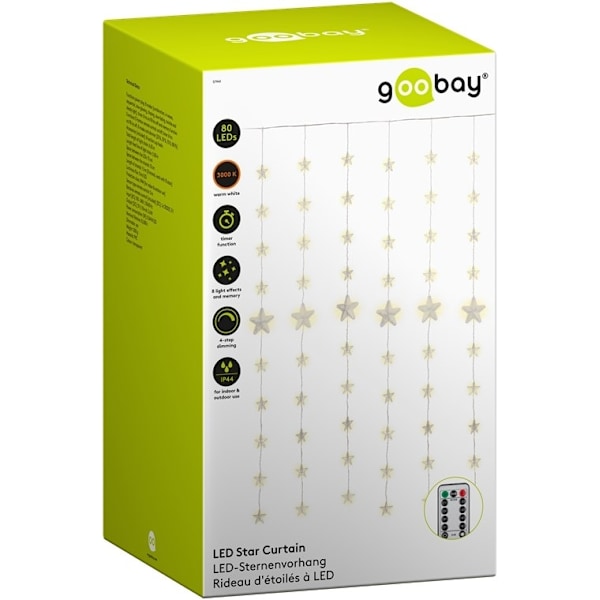 Goobay 80 LED stjärngardin med fjärrkontroll, timerfunktion, 8 ljuslägen, dimmer och 31 V extern transformator, varmvitt (3000 K)