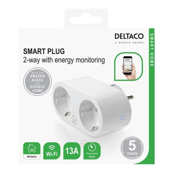 DELTACO SMART HOME älypistorasia, Wi-Fi, 2xCEE 7/3, virrank. seuranta