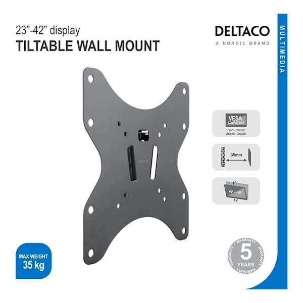 DELTACO tiltbart vægbeslag, 23-42" op til 35 kg, VESA, sort