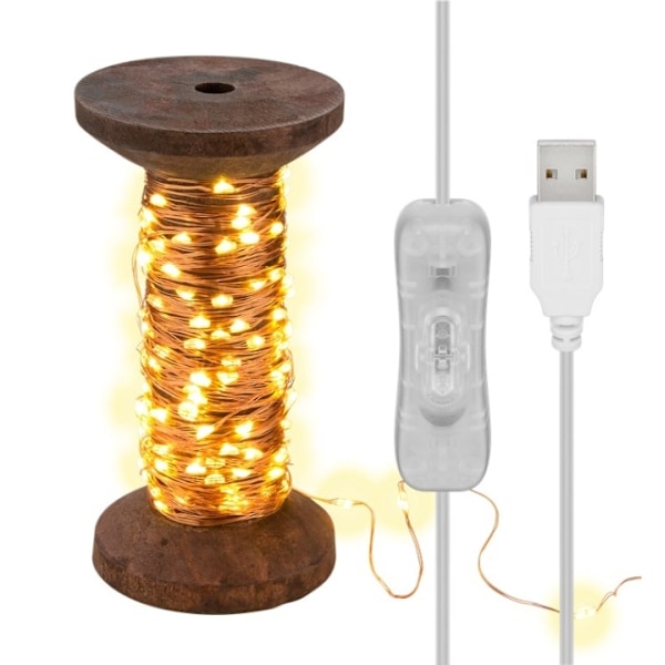 Goobay LED-lampor "Bobin", stora med 3 m USB-kabel, 15 m ljusslinga med 150 mikro-LED i varmvitt (2700 K) och strömbrytare (On/Off) Brun, Transparent
