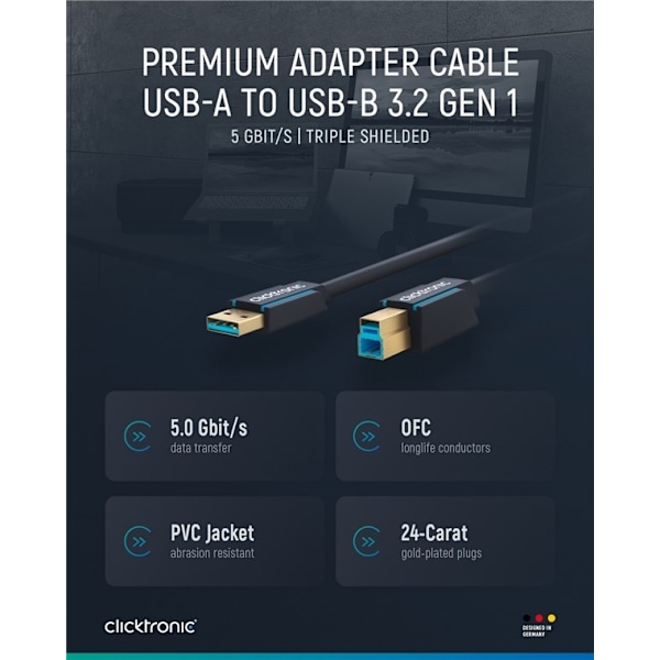 ClickTronic USB-A till USB-B 3.0 Premium-adapterkabel