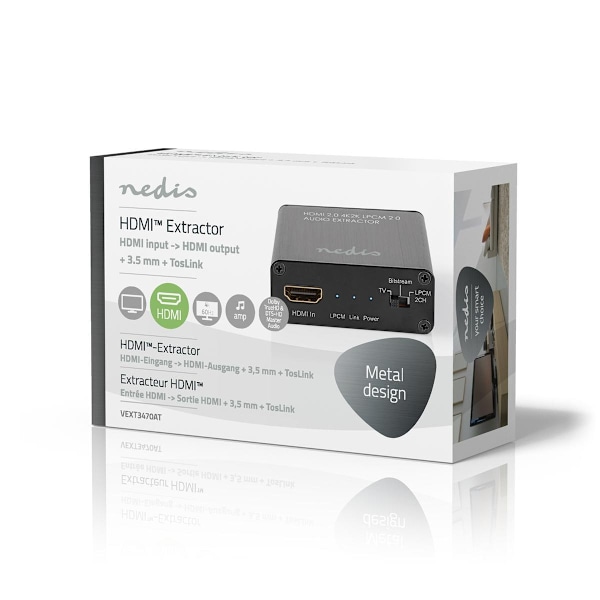 Nedis HDMI ™ Extractor | HDMI™ ingång | HDMI™ utgång / TosLink Hona / 1x 3.5 mm | Maximal upplösning: 4K@60Hz | 18 Gbps | Metall | Antracit | Presentb