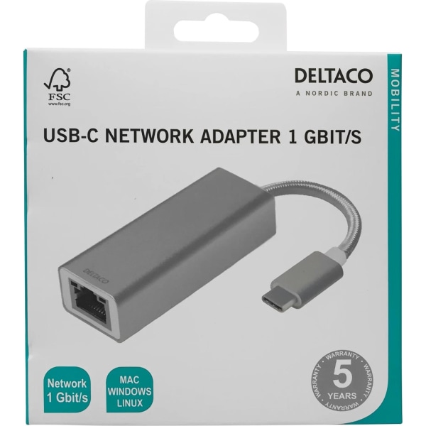 DELTACO PRIME USB C Network Adapter, Gigabit, RJ45,aluminum, silver