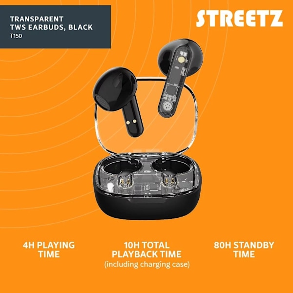Streetz T150 TWS earphones, Transparent, Black Svart