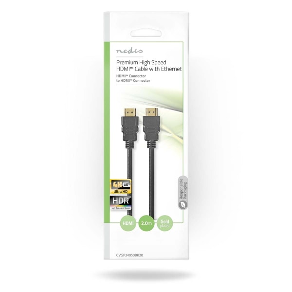 Nedis Premium High Speed ​​HDMI ™ kabel med Ethernet | HDMI™ Stik | HDMI™ Stik | 4K@60Hz | 18 Gbps | 2.00 m | Runde | PVC | Sort | Plastikpose