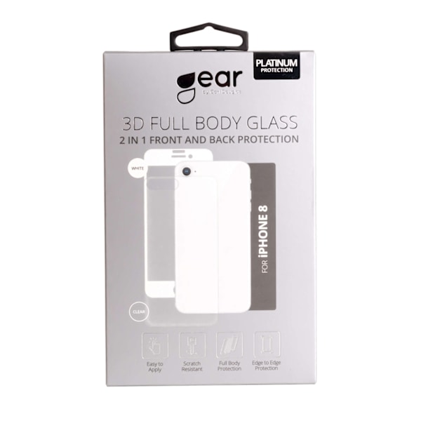 GEAR Hærdet Glas 3D 2in1 Front & Back Edge to Edge Hvid/Klar bagside iPhone 8 Transparent