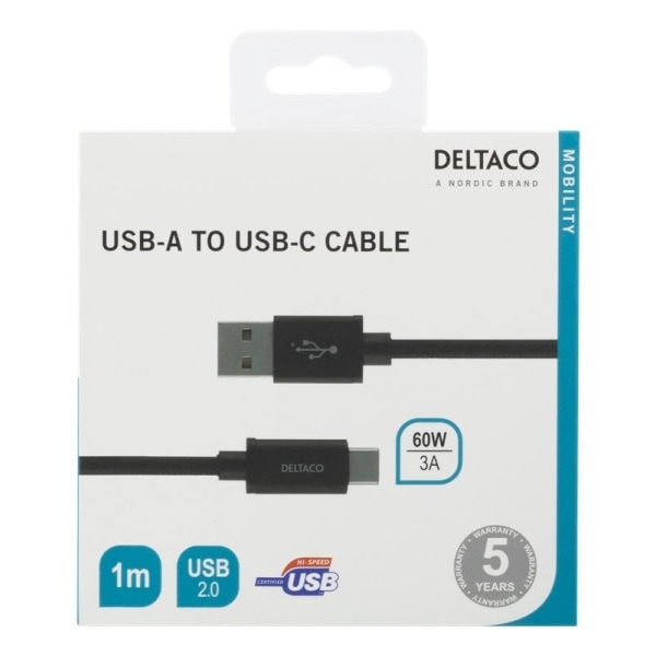 DELTACO USB-A - USB-C-kaapeli, 1m, USB 2.0, punottu, musta