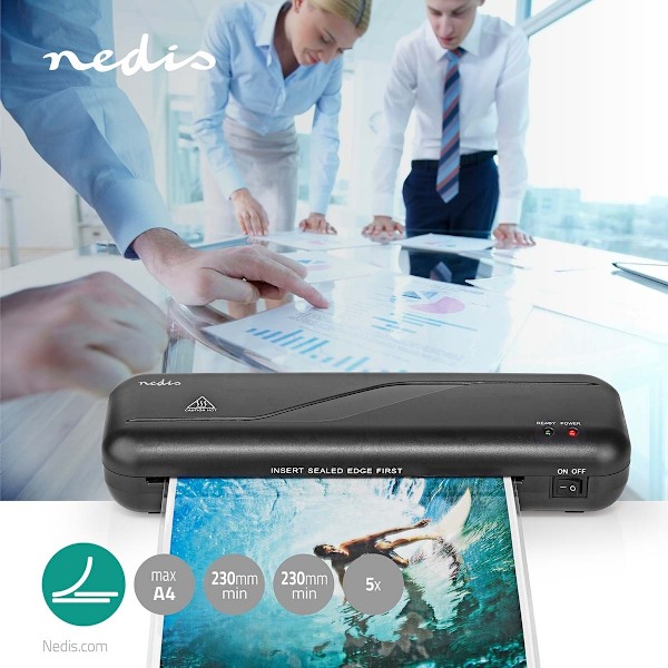 Nedis Laminator | Varm | A4 | 230 mm/min | Automatisk avstängning | Strömadapter | Svart