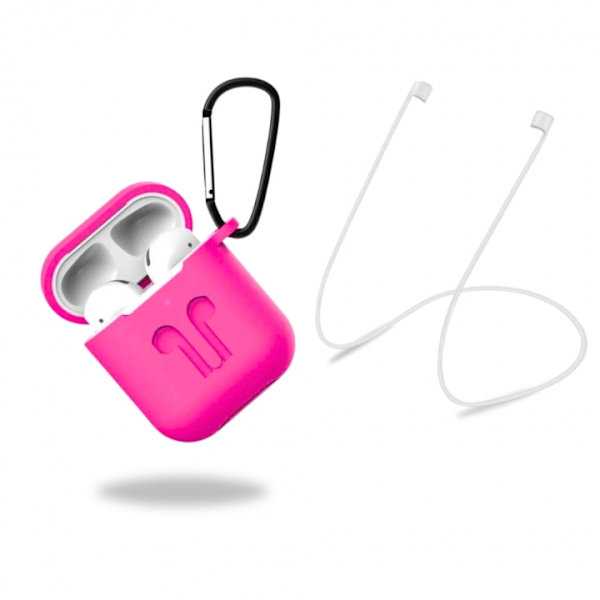 Silikoninen suojakotelo, jossa kuulokehihna ja riipus Apple Airpodsille, vaaleanpunainen