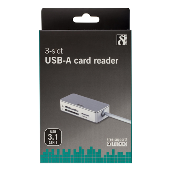 DELTACO USB 3.0 kortlæser, 3 rum, understøtter SDHC, Micro-SD, TF, M