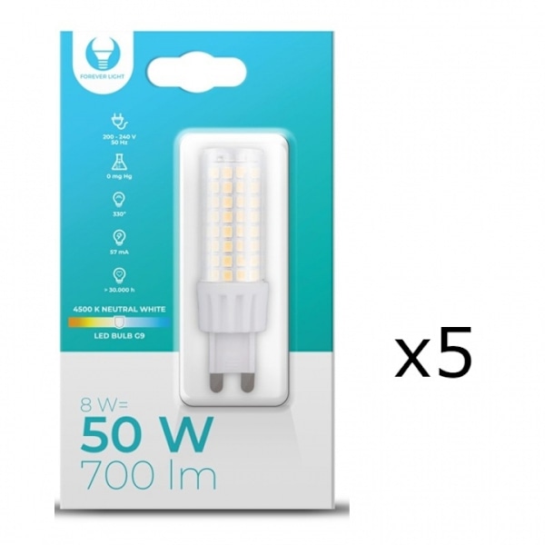 LED-lampa, G9, 8W, 230V, 4500K, 5-pack, Vit neutral