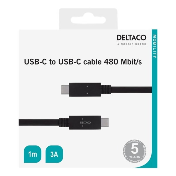 DELTACO USB-C 2.0 -kaapeli, 1m, USB-IF:n sertifioima, 480Mbit/s,