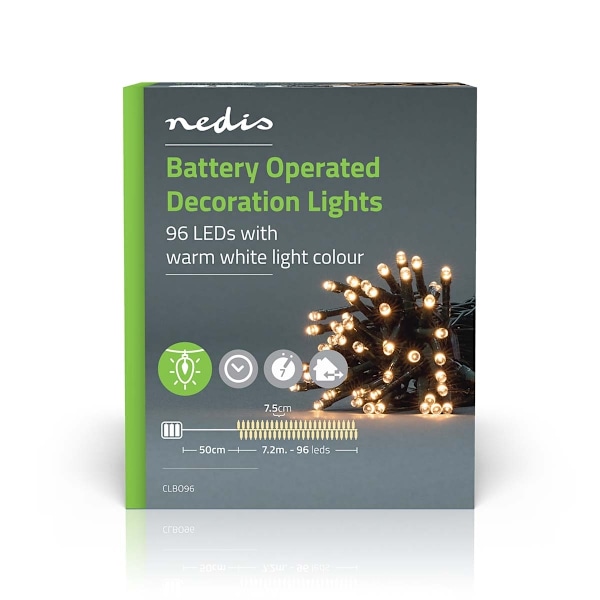 Nedis Julebelysning | Snor | 96 LED's | Varm Hvid | 7.20 m | Lyseffekter: 7 | Indendørs eller udendørs | Batteri