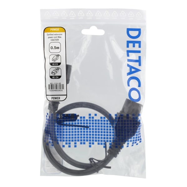 Deltaco Extension cord IEC C15 - IEC C14, 0.5m, black
