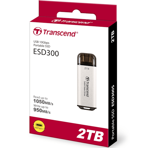 Transcend Portabel Mini SSD ESD300C USB-C 2TB 10Gbps (R1050/W950 Mb/s) Silver