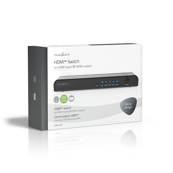 Nedis HDMI ™ Kytkin | 5-Porttinen port(s) | 5x HDMI™ tuloliitäntä | 1x HDMI™ lähtö | 4K@60Hz | 18 Gbps | Kauko-ohjattu | Metalli | Antrasiitti