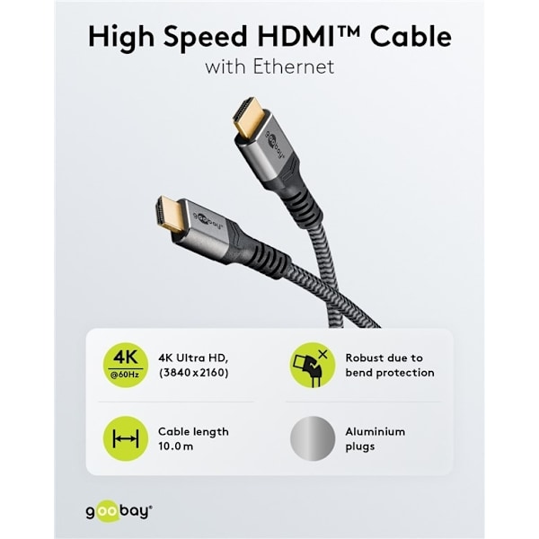 Goobay HDMI™-kaapeli Ethernet-yhteydellä, 10 m, Sharkskin G
