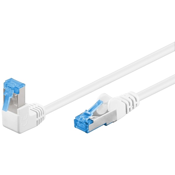 Goobay Patchkabel CAT 6A, 1x 90° vinklad, S/FTP (PiMF), vit, 5 m kopparledare (CU), halogenfri kabelhölje (LSZH), snäpplås på toppen