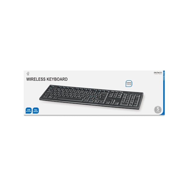 DELTACO trådlöst tangentbord, nordisk layout, USB, 10m, svart (TB-122)