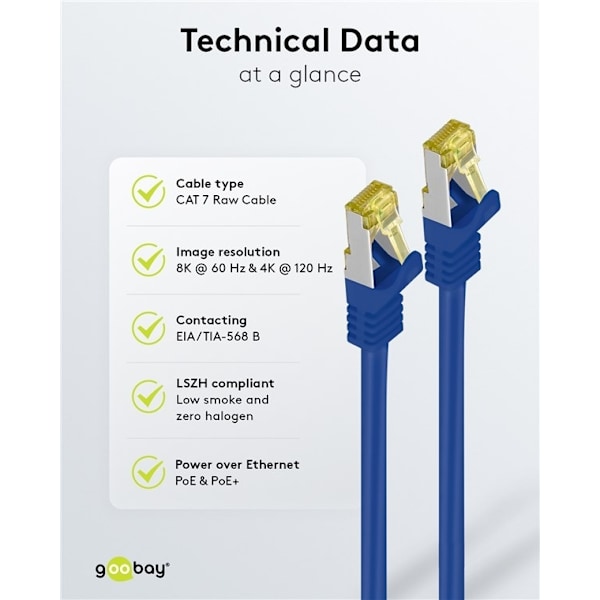 Goobay RJ45 patchkabel S/FTP (PiMF), 500 MHz, med CAT 7 råkabel, blå, 2 m LSZH halogenfri kabelhölje, koppar, RJ45-kontakt (CAT 6A)