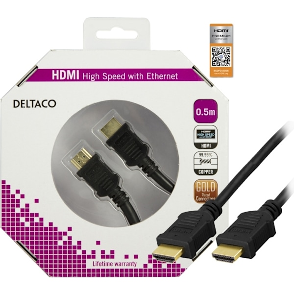 Deltaco HDMI cable, Premium High Speed HDMI w/ Ethernet, 0.5m, black