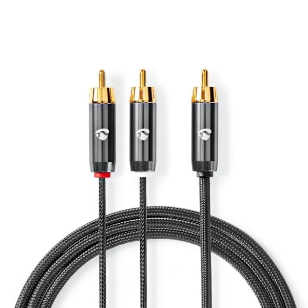 Nedis subwoofer Kabel | RCA Hane | 2x RCA Hane | Guldplaterad | 3.00 m | Rund | 4.5 mm | Grå / Grått Med Metall | Kartong med täckt fönster