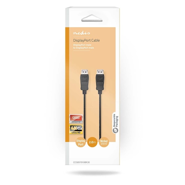 Nedis DisplayPort kaapeli | DisplayPort uros | DisplayPort uros | 4K@60Hz | Kullattu | 2.00 m | Pyöreä | PVC | Musta | Laatikko