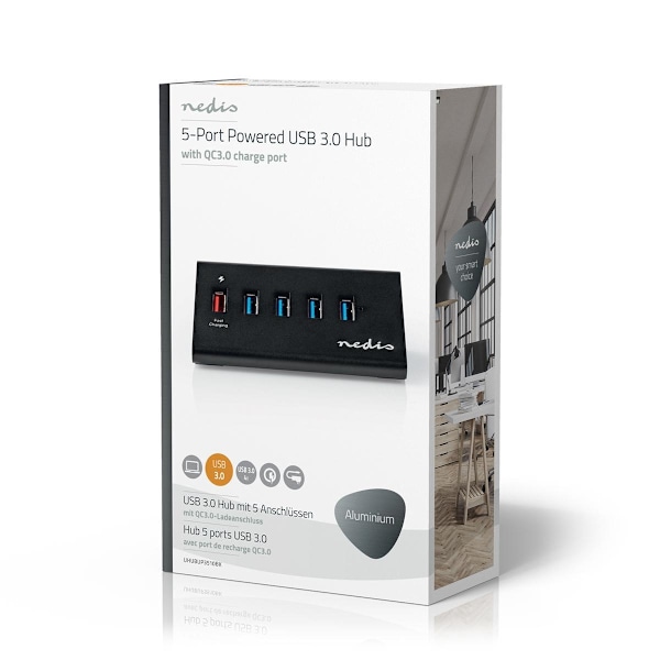 Nedis USB-hubb | USB Micro-B Hona | USB-A Hona | 5-Port port(s) | QC3.0 / USB 3.2 Gen 1 | Strömadapter / USB ström | 5 Gbps | 5x USB